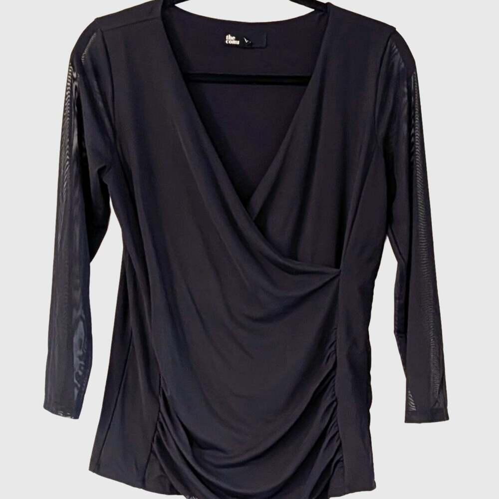 The Commons Black Faux Wrap Top M Sheer Mesh Sleeves Ruched Draped Blouse